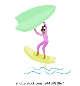 Woman standing on a board, holds onto a wing and moves the board across the water. Wing foiling sport. Vector isolated color illustration.