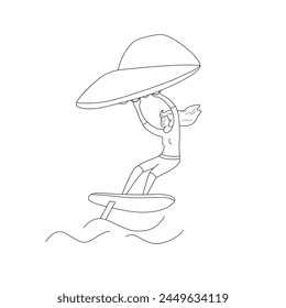 Woman standing on a board, holds onto a wing and moves the board across the water. Wing foiling sport. Vector isolated  illustration in line style.