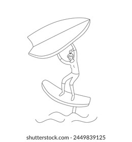 Woman standing on a board, holds onto a wing and moves the board across the water. Wing foiling sport. Vector isolated  illustration in line style.
