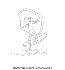 Woman standing on a board, holds onto a wing and moves the board across the water. Wing foiling sport. Vector isolated  illustration in line style.