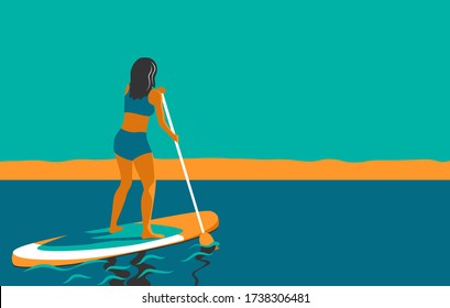 Mujer a bordo con un remo. SUP de palomitas de Standup. Muchacha deportiva en el mar, océano. Levántate a la navegación de remo. Actividad de verano sobre el agua. Actividades náuticas. Ilustración vectorial en estilo plano. 