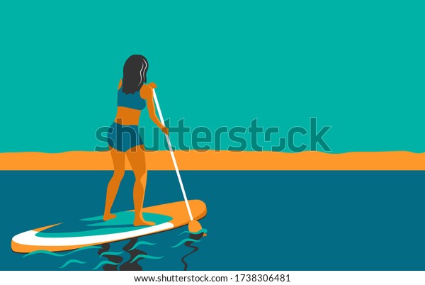 Woman standing on Board with a Paddle. Standup
paddleboarding SUP. Sports Girl at sea, ocean. Stand up paddle
surfing. Summer Activity on Water. Beach activities. Vector
illustration in flat style.
