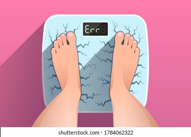 Woman is standing on broken cracked weight scales, over colored background, top view of female feet. Weight measurement of obese person. Concept of overweight, unhealthy lifestyle and dieting