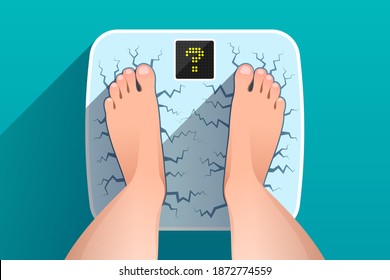 Woman is standing on broken cracked weight scales with question mark on display, over colored background, top view of feet. Weight measurement and control. Concept of overweight, time to dieting