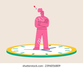 Woman standing on clock. Time management. Colorful vector illustration
