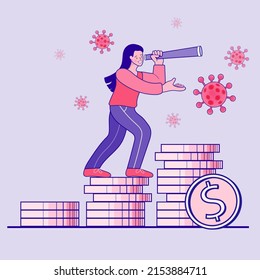 Woman standing on coins using telescope. Finding business information during the COVID-19 pandemic. online education or work from home during covid19 outbreak. vector outline illustration.