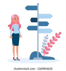 Woman standing on the crossroads and thinking. Businessman choose direction of the way. Difficult choice of future strategy. Isolated vector illustration in cartoon style