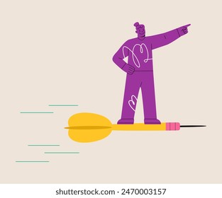 Woman standing on darts flying go to target goal. Colorful vector illustration