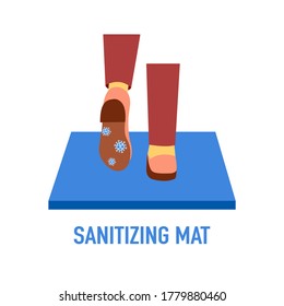 Woman standing on disinfection mat to clean shoe from Covid-19 coronavirus and bacteria. Healthcare concept vector illustration.	
