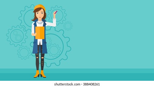 Woman standing on gears background.