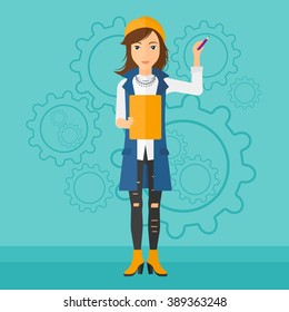 Woman standing on gears background.