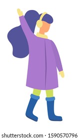 Woman standing on ground alone and raising hand. Lady in warm clothes like overcoat, earmuffs and boots. Brunette with long dark hair. Isolated person posing. Vector illustration in flat style