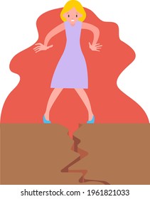 The woman standing on the ground and scared because of the earthquake vector illustration