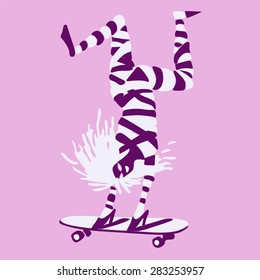 A woman standing on the hands in heels and goes on a skateboard .