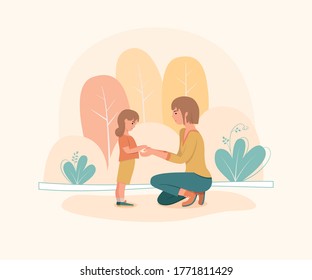 Woman is standing on her knees in front of little girl in park. Mother shows love and care to her daughter. Cute vector illustration.