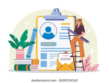 Woman standing on ladder holding pen, writing on large clipboard with resume, surrounded by books, envelope, plants on white background. Concept of job application. Vector illustration