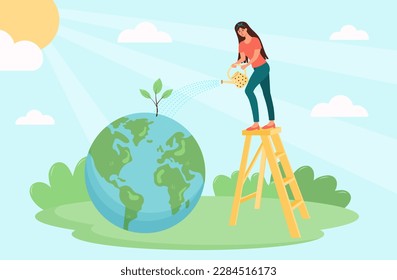 Woman standing on ladder and watering the planet Earth from a watering can. Sprout growing  from the ground. The problem of fresh water, environmental protection, climate change, 