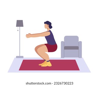 Woman standing on mat and doing squats at home. Concept of boosting confidence with workouts. Physical activity and healthy lifestyle. Time for training indoor. Vector flat illustration in blue colors
