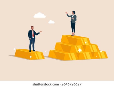 Woman standing on more gold bars, man on less gold bars. Gender pay gap, inequality between woman and man wage, salary or income, issue about gender diversification. Flat vector illustration