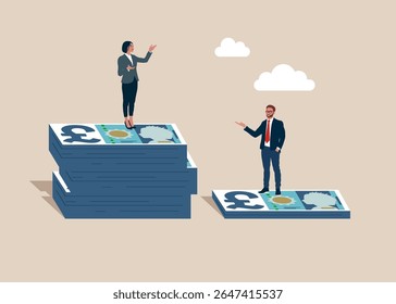 Woman standing on much more paid money pound sterling notes bundles of Great Britain, man on less small income notes. Gender pay gap, inequality between woman and man wage, salary or income. Vector