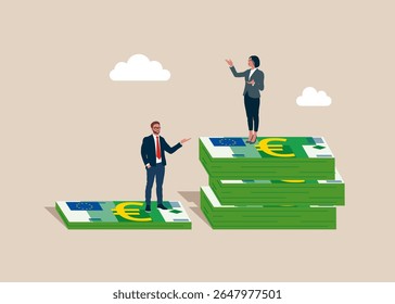 Woman standing on much more paid money Euro notes bundles of European Union, man on less small income notes. Gender pay gap, inequality between woman and man wage, salary or income.