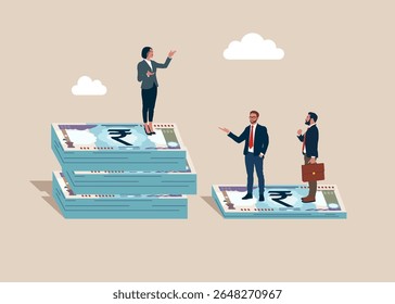 Woman standing on much more paid money rupee notes bundles of India, man on less small income notes. Gender pay gap, inequality between woman and man wage, salary or income. Vector