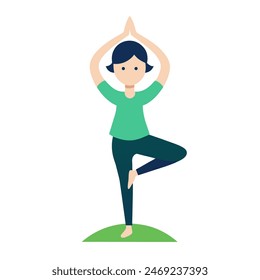 A woman is standing on one leg while doing a yoga pose