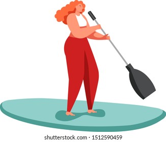 Woman standing on paddle board, vector flat illustration isolated on white background. Stand up paddle boarding, summer water sport concept for web banner, website page etc.