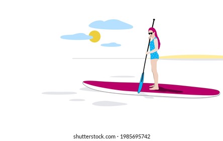 Una mujer de pie sobre una tabla de remo flotando en el mar. Concepto de paisaje marino de verano. Ilustración mínima para el diseño de la página de inicio o de la publicidad 