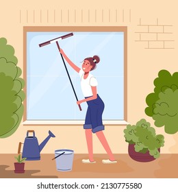 Woman standing on patio and washes window of her house with window scraper and water. Happy female character doing spring cleaning outside. Flat vector illustration 