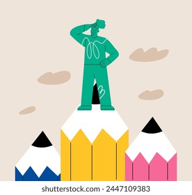 Woman standing on pencil. Creativity or imagination to get idea or solution to solve problem, inspiration or education concept. Colorful vector illustration 

