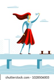 Woman standing on pier and waving. Lady in skirt blown by strong wind. Red and blue colours flat vector illustration.