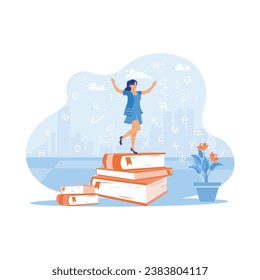A woman is standing on a pile of books. Learning or educational goals. Self-improvement concept.  trend modern vector flat illustration