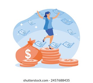 A woman is standing on a pile of coins. Happy to get a monthly salary from the office. Active income concept. Flat vector illustration.