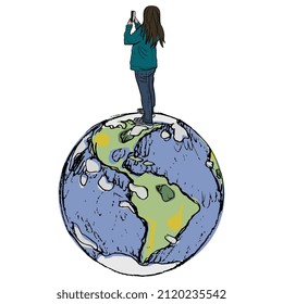 Woman standing on planet Earth and taking picture with her cellphone. Creative concept for travelling. Hand drawn art. Isolated vector illustration.