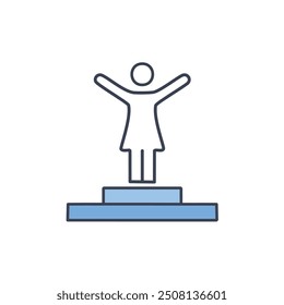Woman standing on podium with arms raised. Simple line drawing of a woman standing on a podium, celebrating her achievement with her arms raised in the air.
