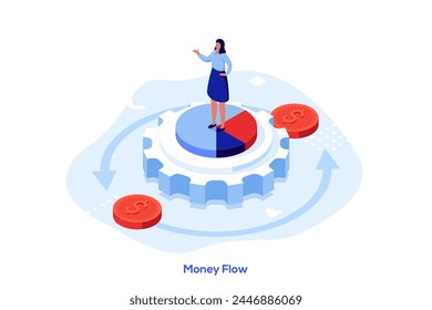 Frau steht auf rotierendem Zahnrad mit Infochart. Geldflusskonzept Isometrische Vektorillustration. Finanzberater lehrt, Profit-Cartoon-Charakter-Farbkomposition anzuziehen
