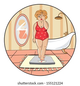 woman standing on scales in a red swimsuit