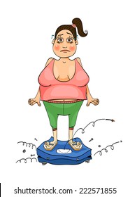 Woman is standing on the scales. She's in shock because the balance is broken.