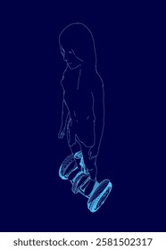 A woman is standing on a scooter. The image is in blue and the woman is the main focus