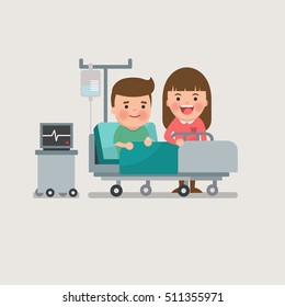 woman standing on the side of a bed in a hospital room visiting a sick man with intravenous saline solution