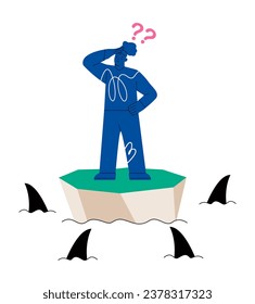 Woman standing on a small island which surrounded by sharks. Risk concept. Colorful vector illustration