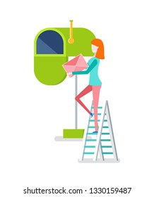 Woman standing on the stairs putting envelope in mailbox. Female holding letter, side view of person. Green postbox isolated on white, empty cover vector