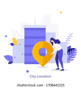 Woman standing on street with downtown buildings and map pin. Concept of city location, urban architecture, sightseeing, trip navigation, travel guide. Modern flat colorful vector illustration.