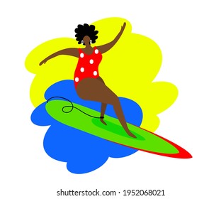 A woman is standing on a surfboard. Cartoon. Vector illustration.