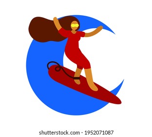 A woman is standing on a surfboard. Cartoon. Vector illustration.