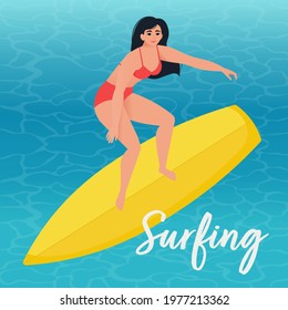 Woman standing on surfboard at ocean. Watersports concept design element in flat style. Vector illustration