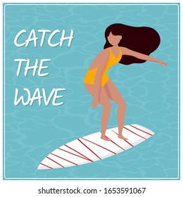 Woman standing on surfboard and riding on ocean wave. Water sports concept design element in flat style. Postcard template with girl on surfboard