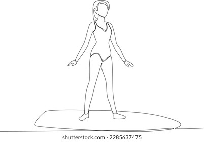 A woman standing on a surfboard. Surfing one-line drawing