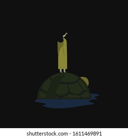 woman standing on a turtle in a river